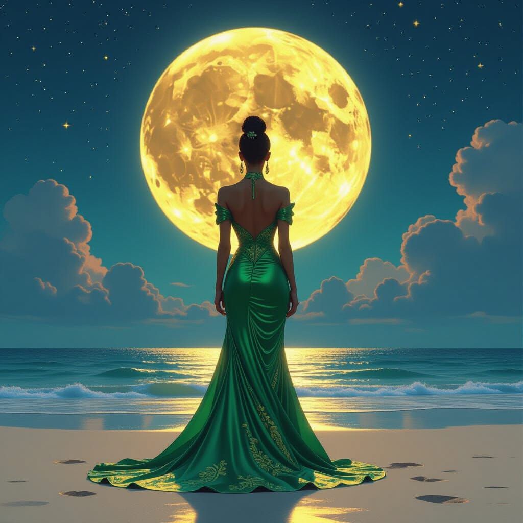 Fantasy Woman on Beach with Moon in Digital Art