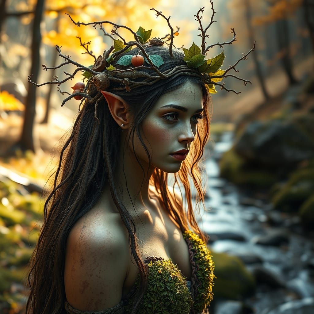 Ethereal Dryad Maiden in Autumn Forest, in Photorealistic St...