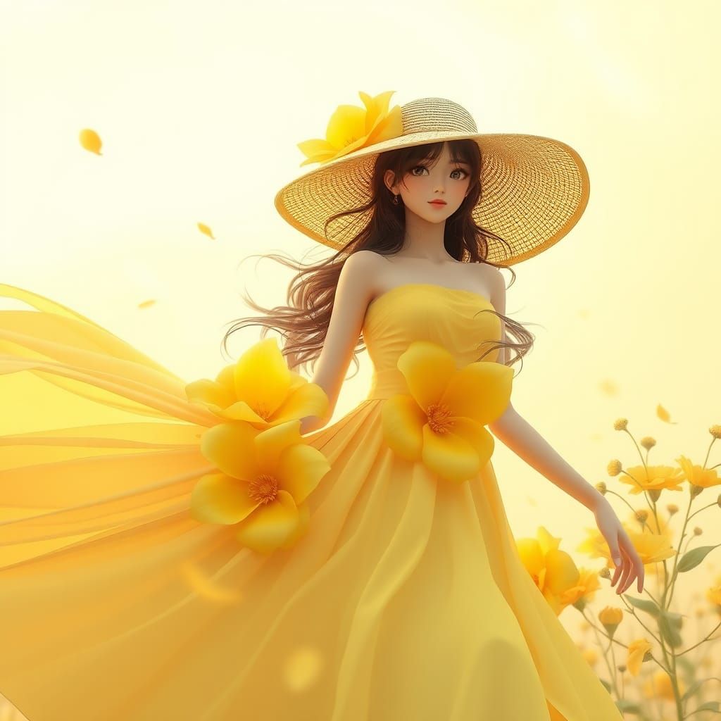 Woman in Yellow Sky Dress with Flowers: Anime Art