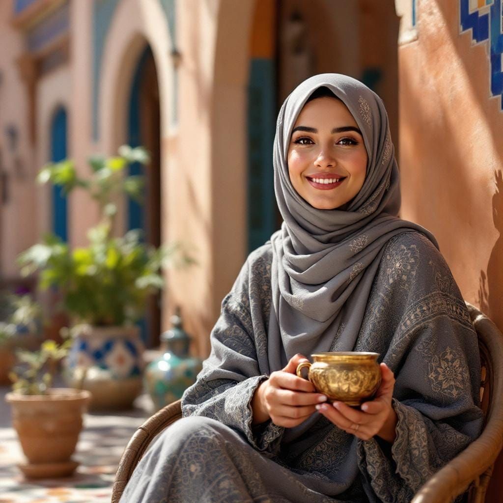 Muslim Woman in Moroccan Courtyard, Impressionist Realism