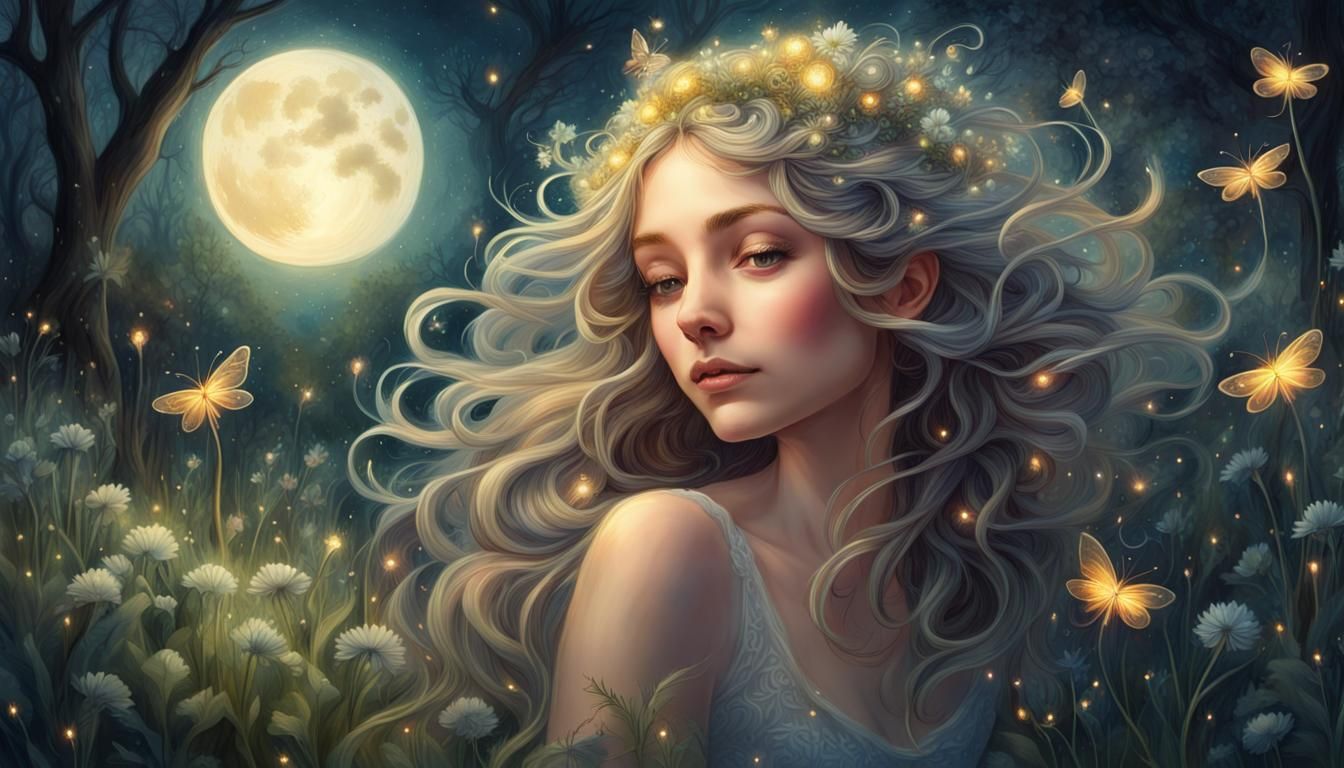 Beautiful Fairy in Moonlit Flower Meadow Painting