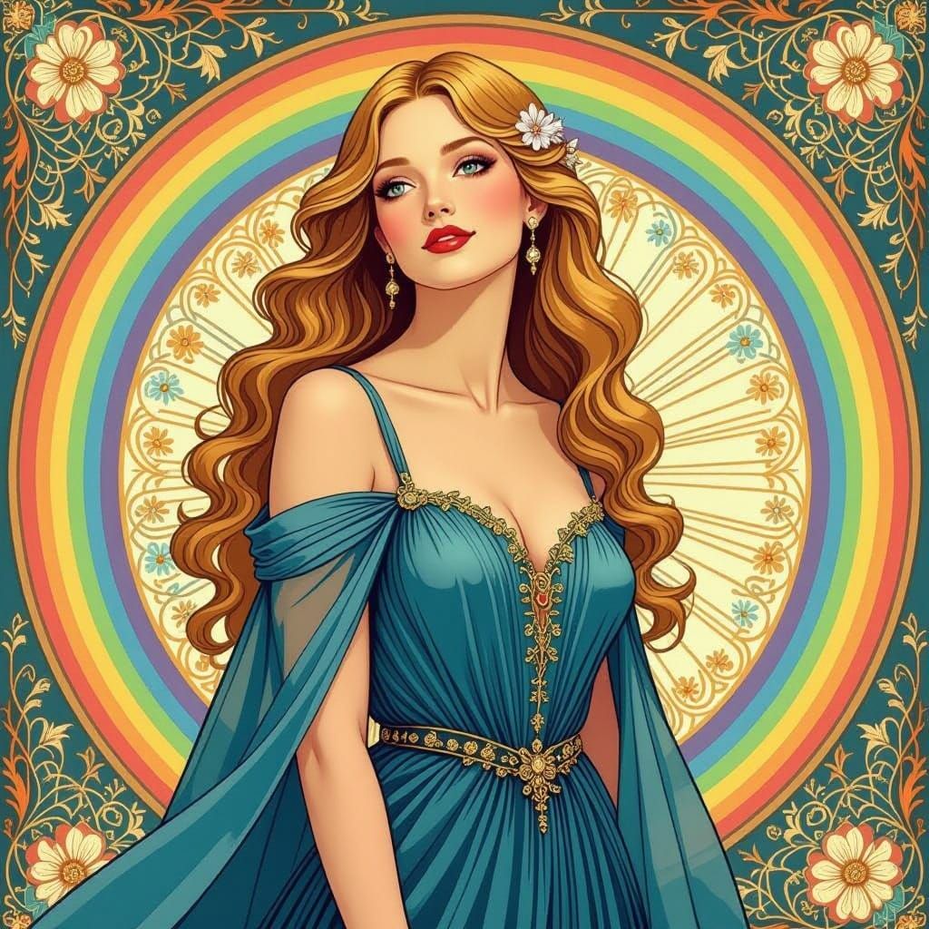 Ethereal Beauty Stands Before Rainbow in Art Nouveau Style