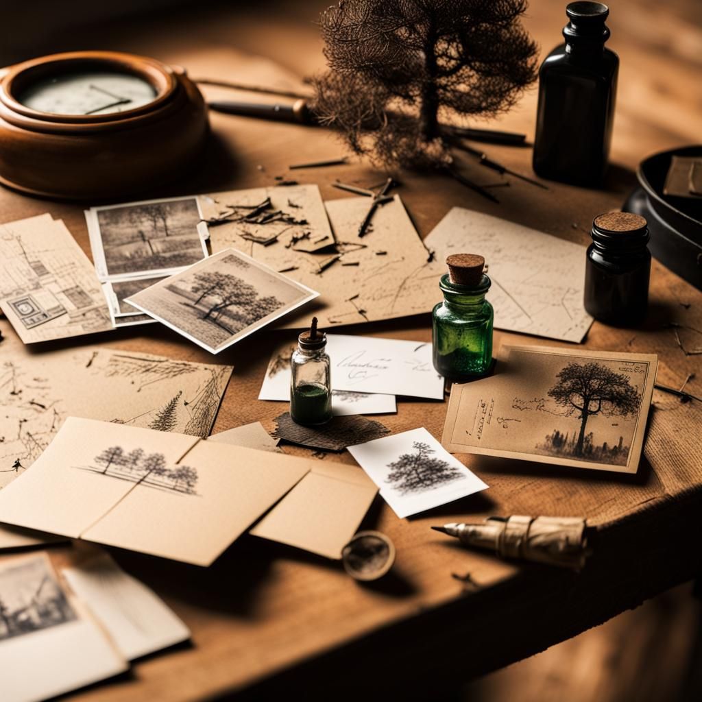 Postcards with Historical Tree and Quill Pen
