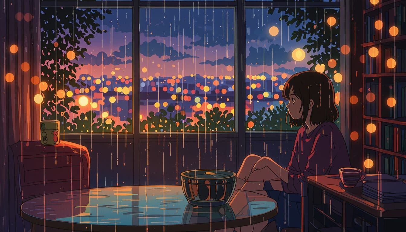 Rainy Day Window Scene in Digital Art Style