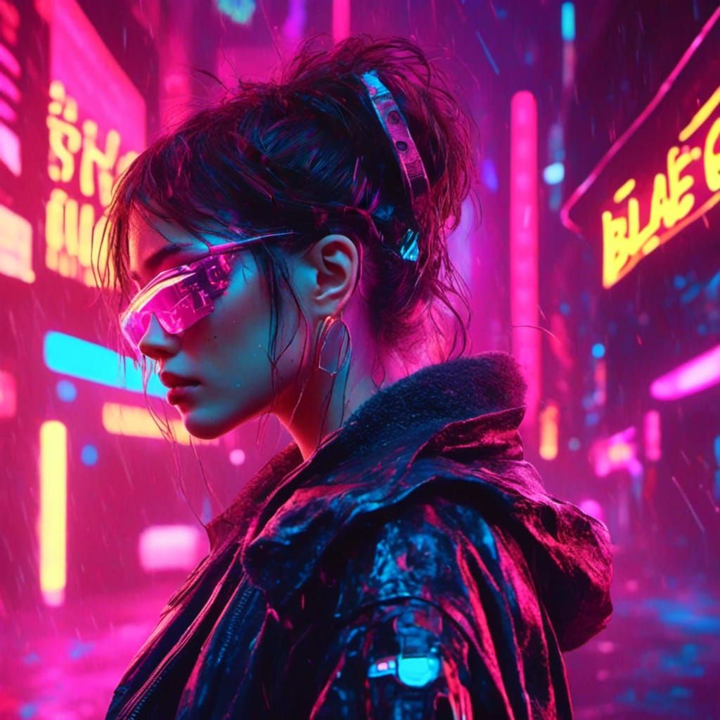 Cyberpunk E-Woman in Neon Cityscape
