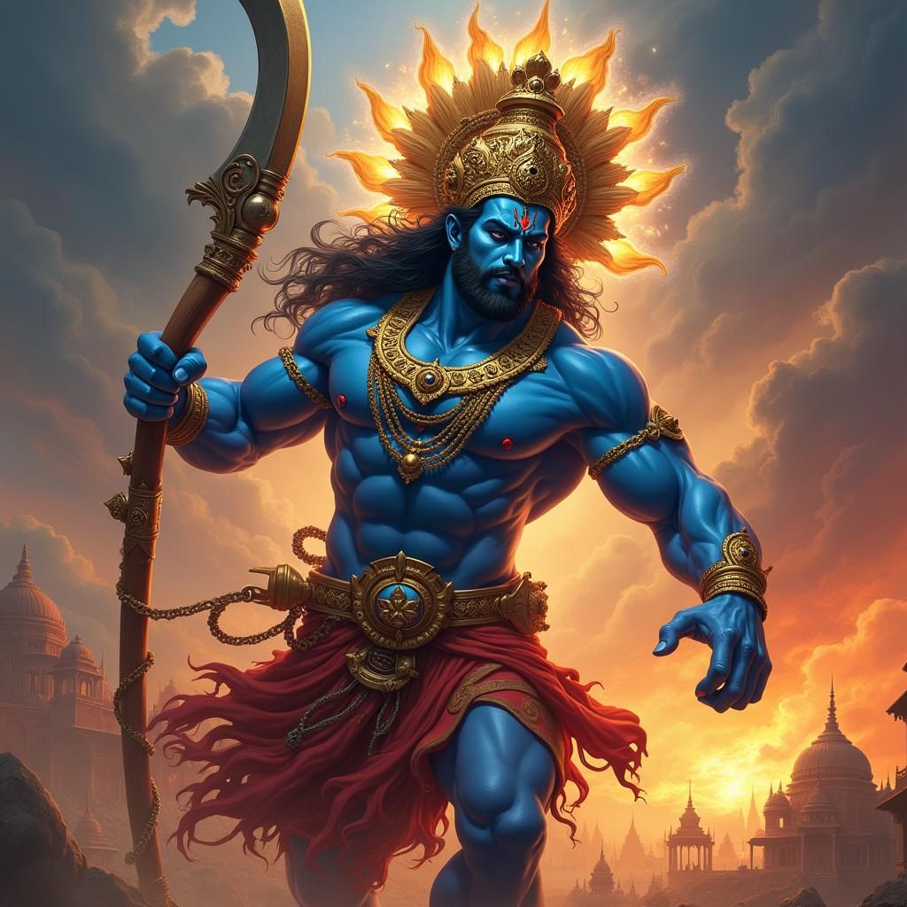 Powerful Bajrangbali in Stormy Indian Landscape