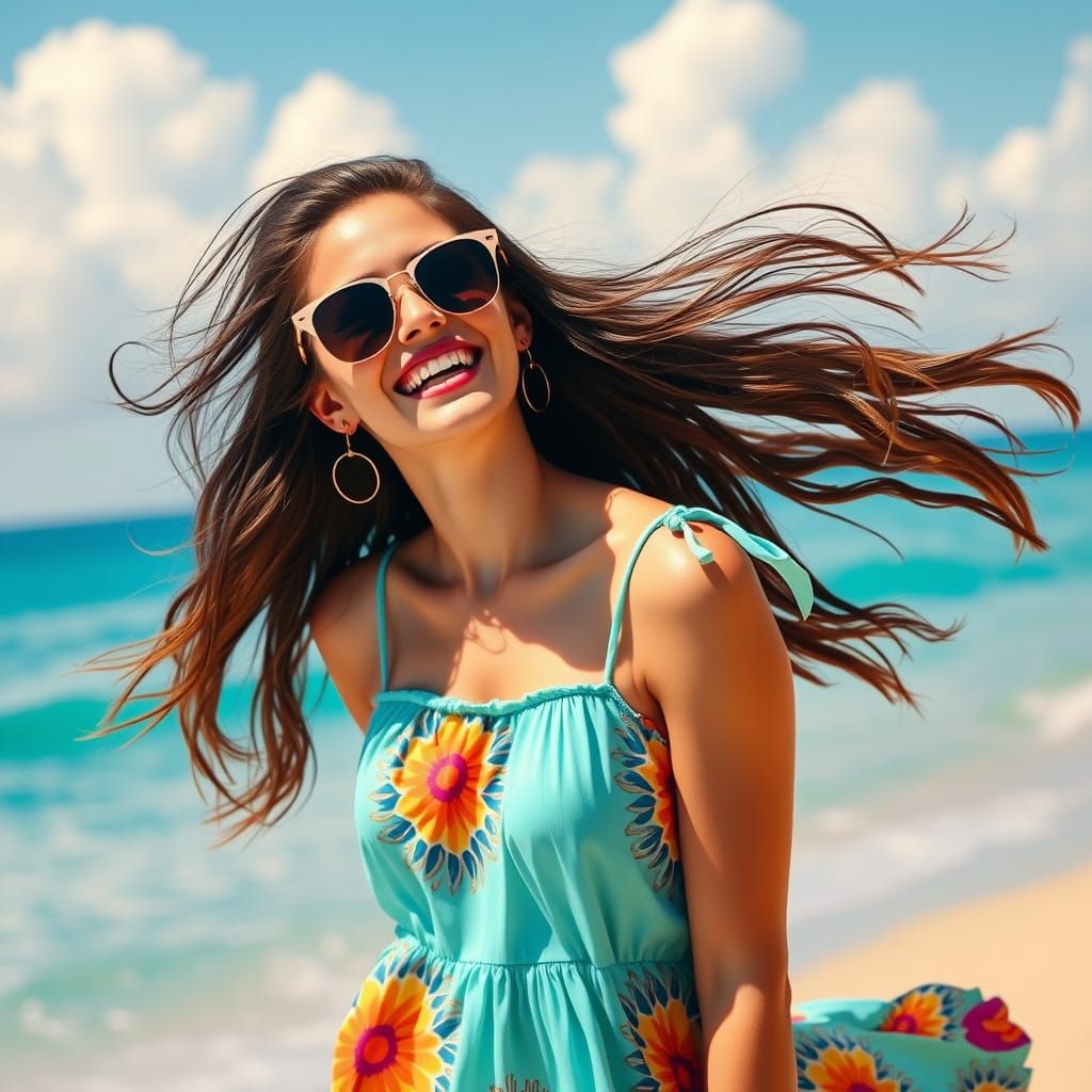 Woman Laughing on Beach in Pop Art Style