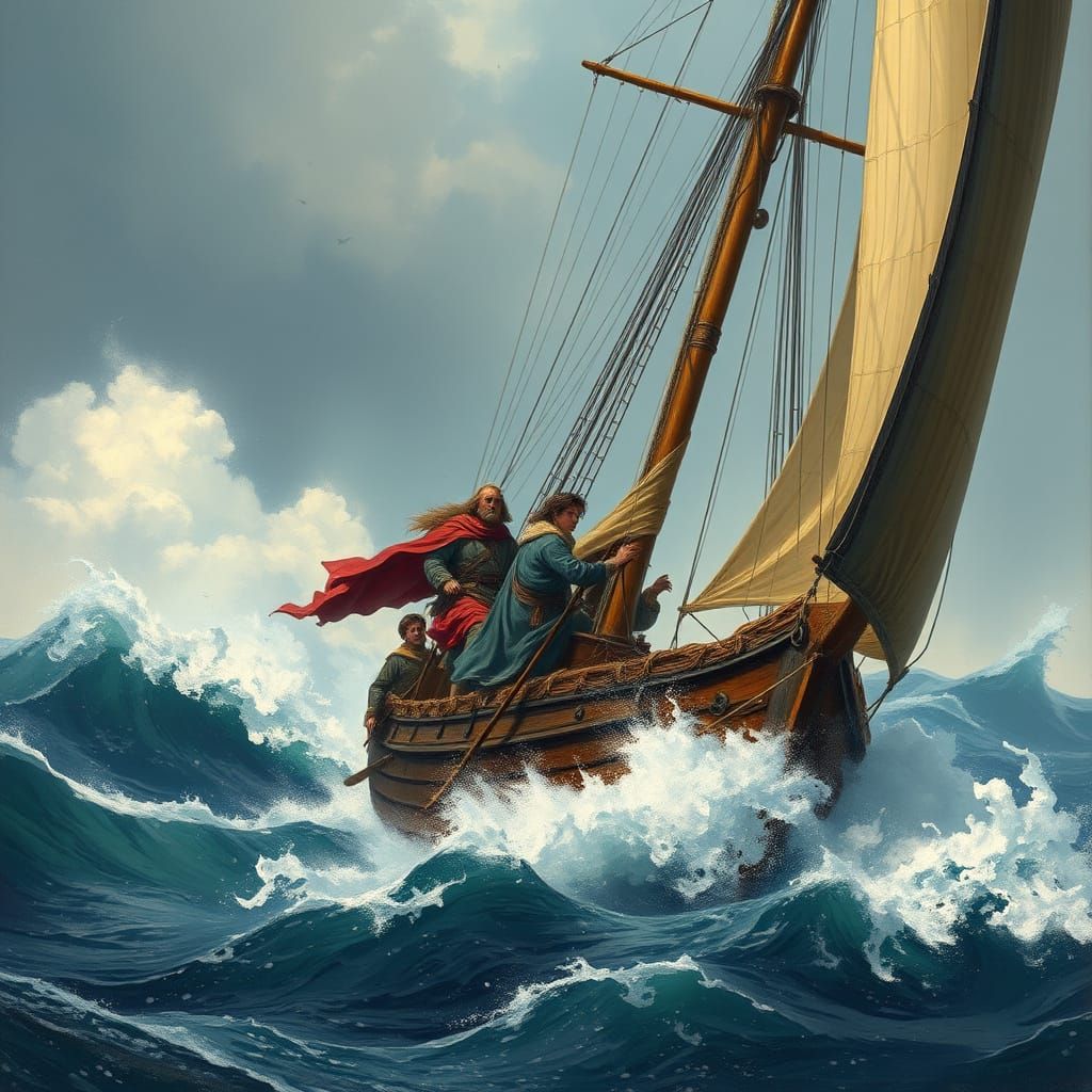 Desperate Escape on Stormy Seas: Dramatic Maritime Painting