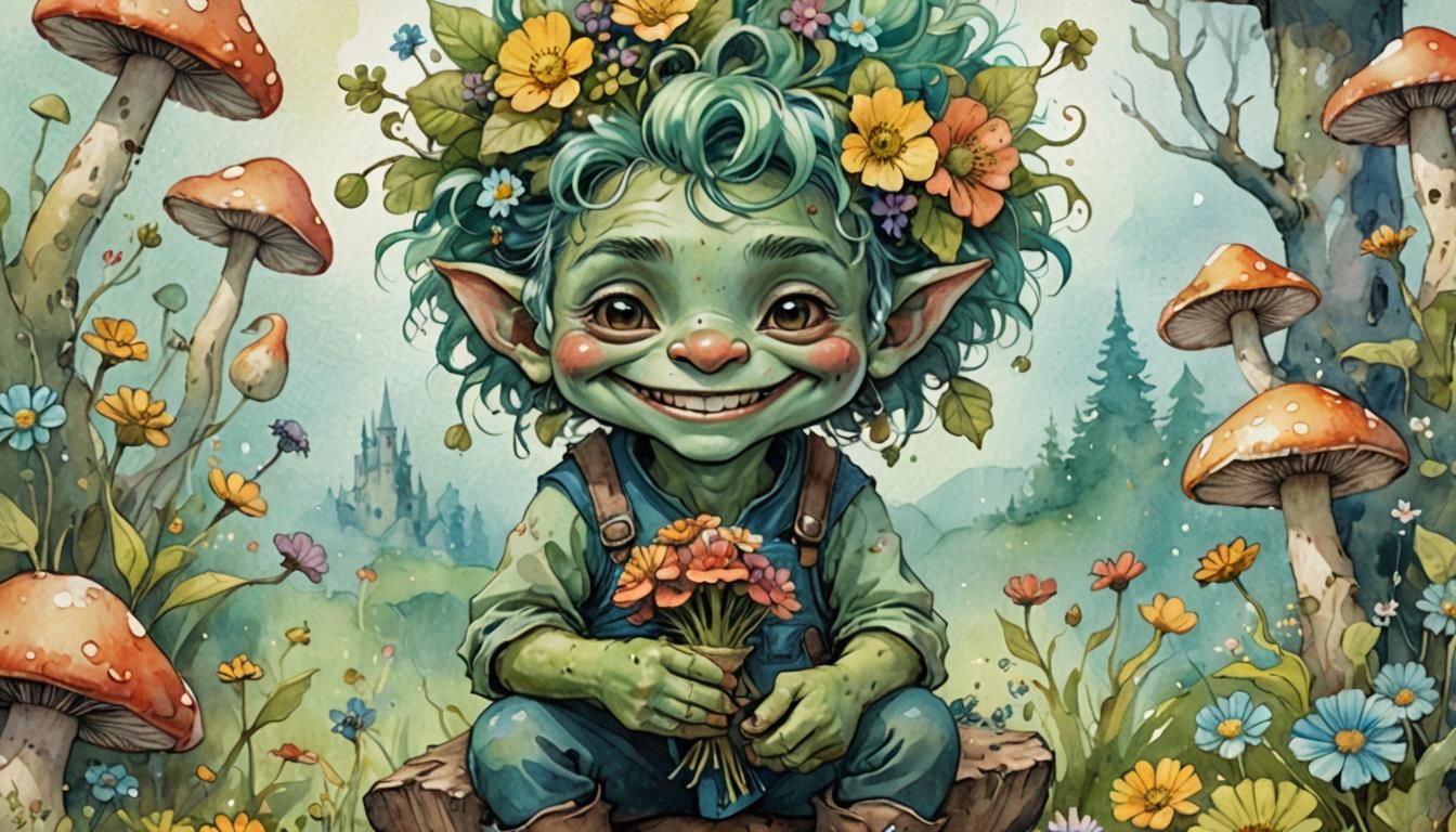 Cute Orc Sitting on Mushroom in Watercolor Style