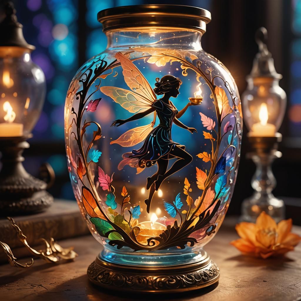 Fairy Silhouette in Vintage Oil Lamp: Surreal Dreamscape