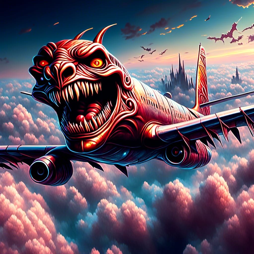 Demon Faced Plane Soaring Through the Sky