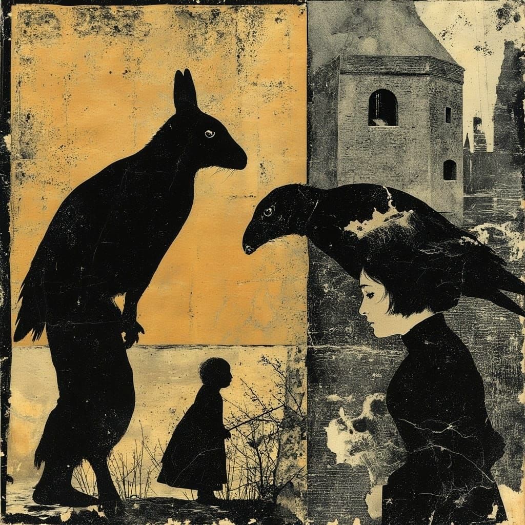 <lora:CorvidiconFlux:1.0> Rabbit and Bird Lady