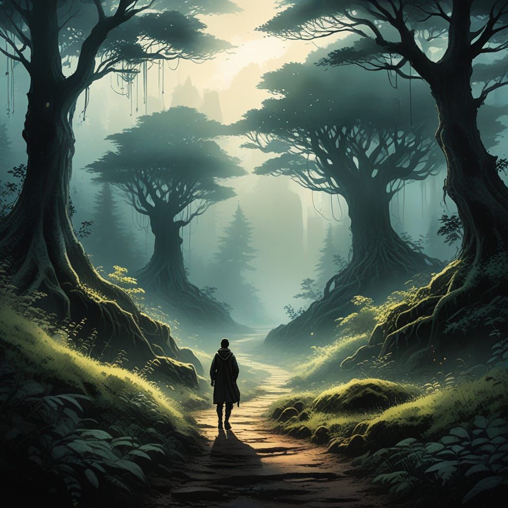 Mysterious Traveler in Foggy Ancient Forest