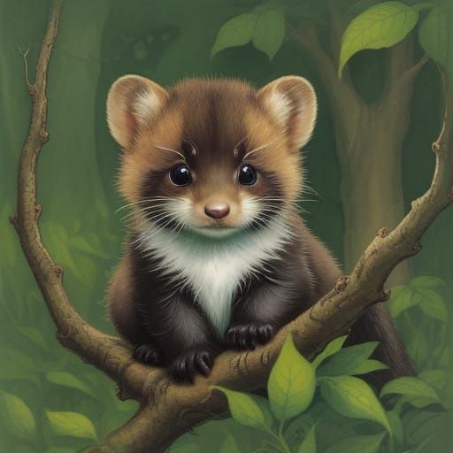 Whimsical Baby Marten in Enchanted Forest