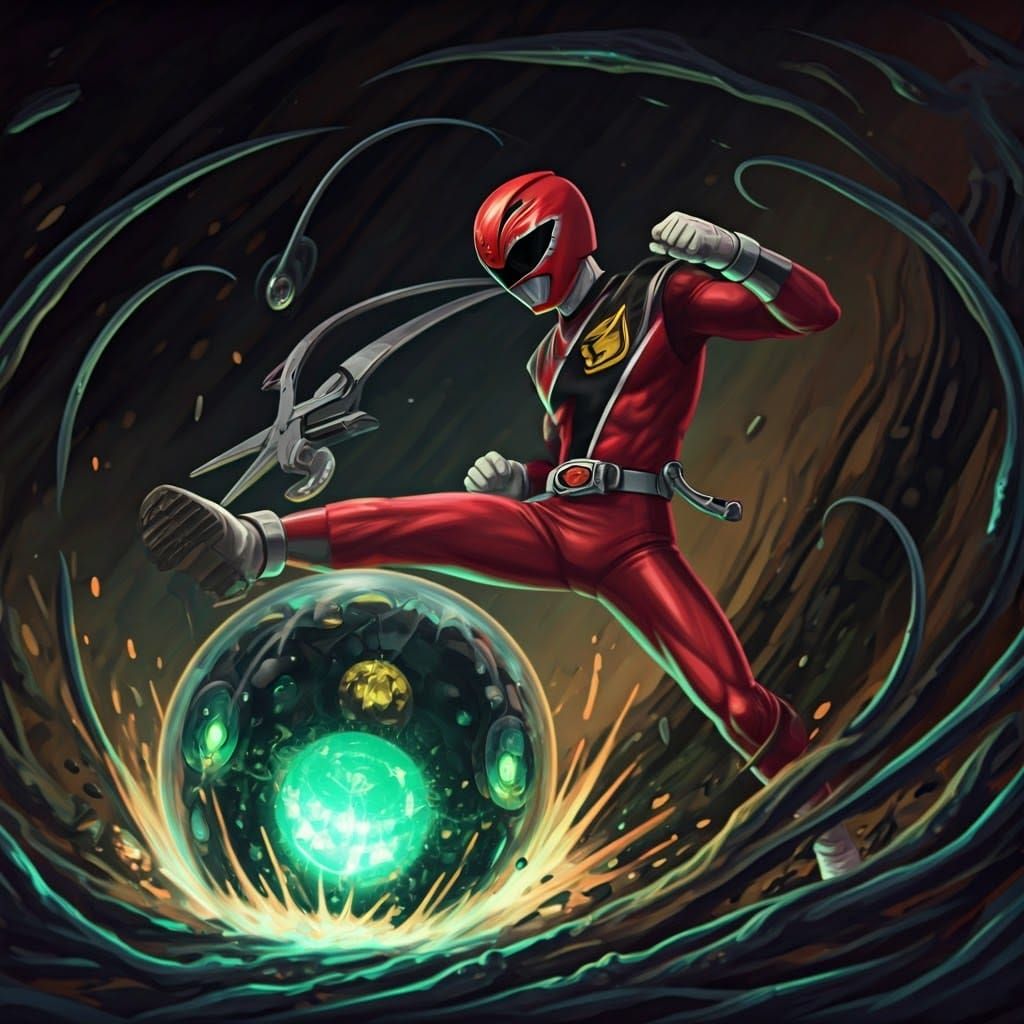 Cyberpunk Action Hero Kicks Orb into Mechanical Monster