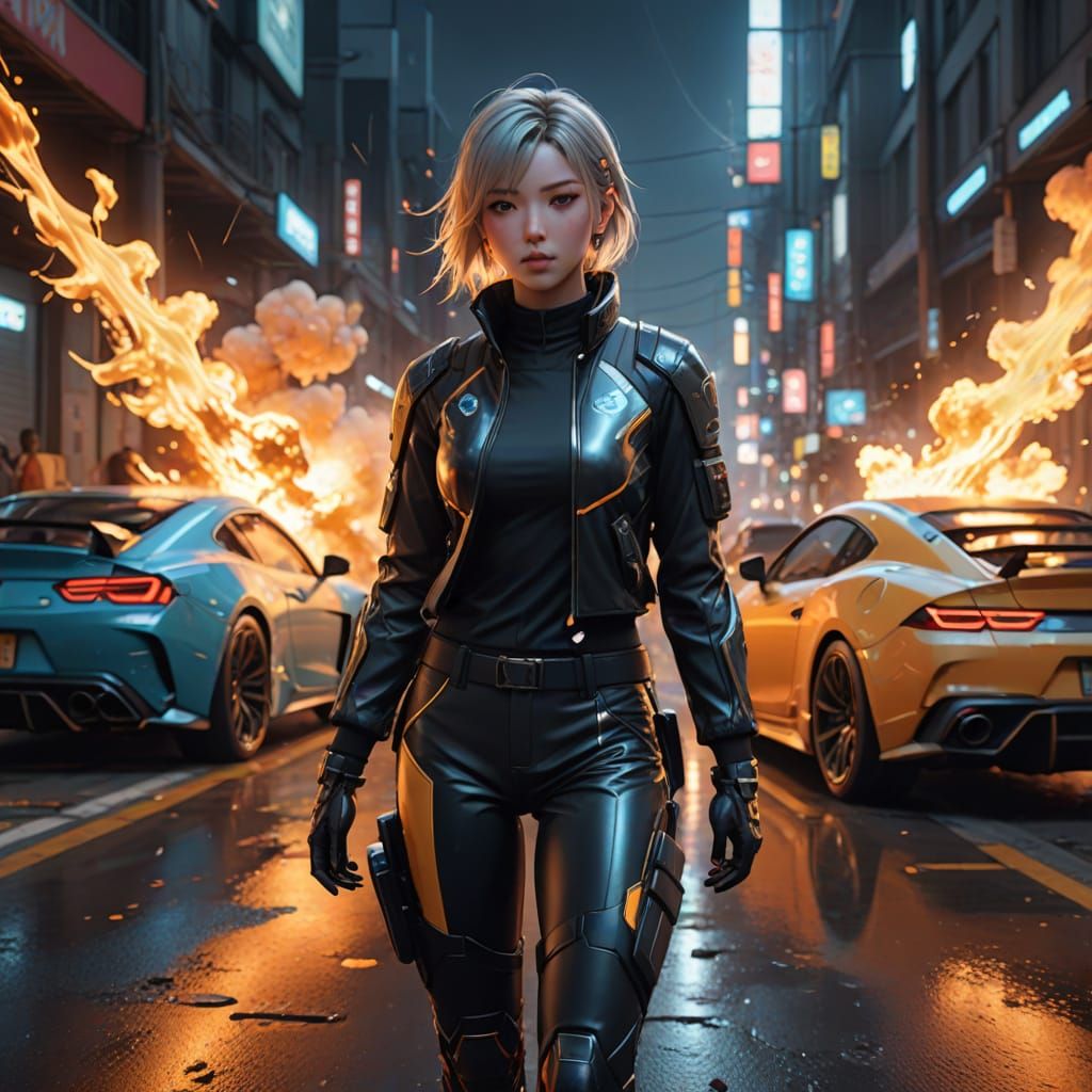 Vibrant Anime Girl Walks Away from Dazzling Explosion