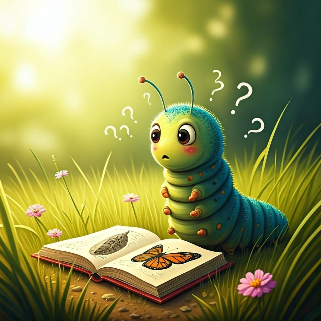 Confused Cartoon Caterpillar with Biology Book