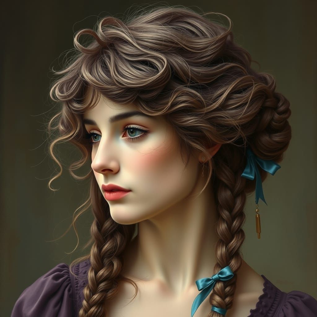Pre-Raphaelite Woman with Braids and Azure Ribbon