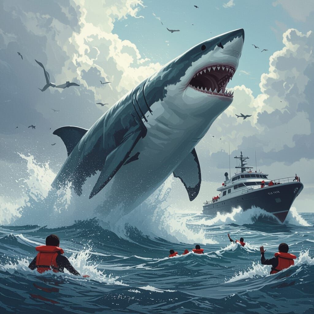 Megalodon Breaching Ocean Surface in Dark Realism