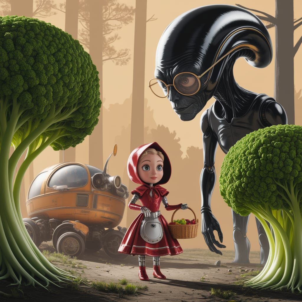 Futuristic Little Red Riding Hood and Alien Monster