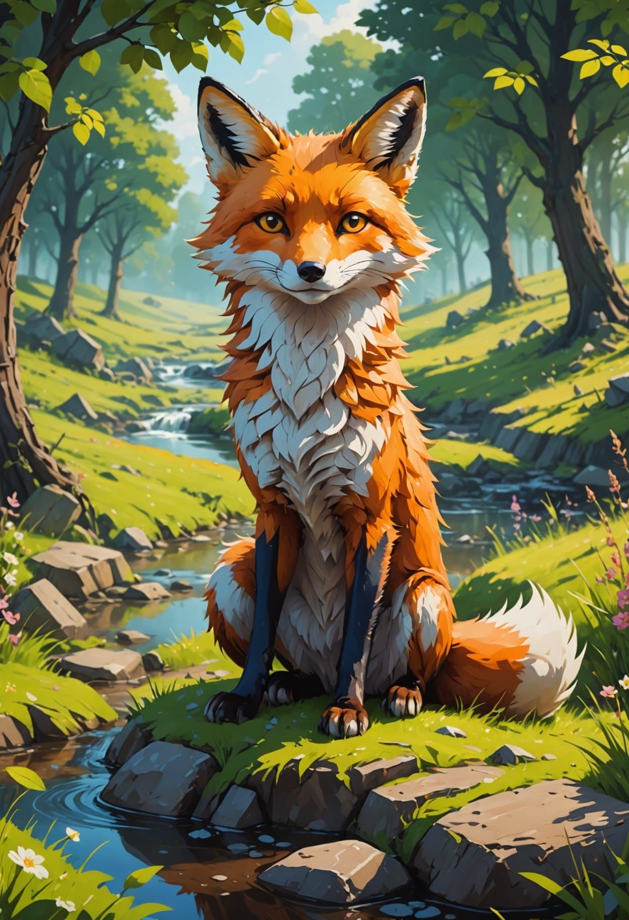 Relaxed Cartoon Fox in Colorful Anime Style