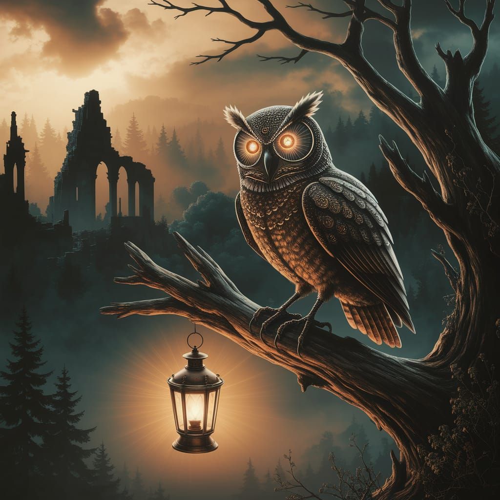 Steampunk Mechanical Owl Holds Glowing Lantern on Ancient Br...
