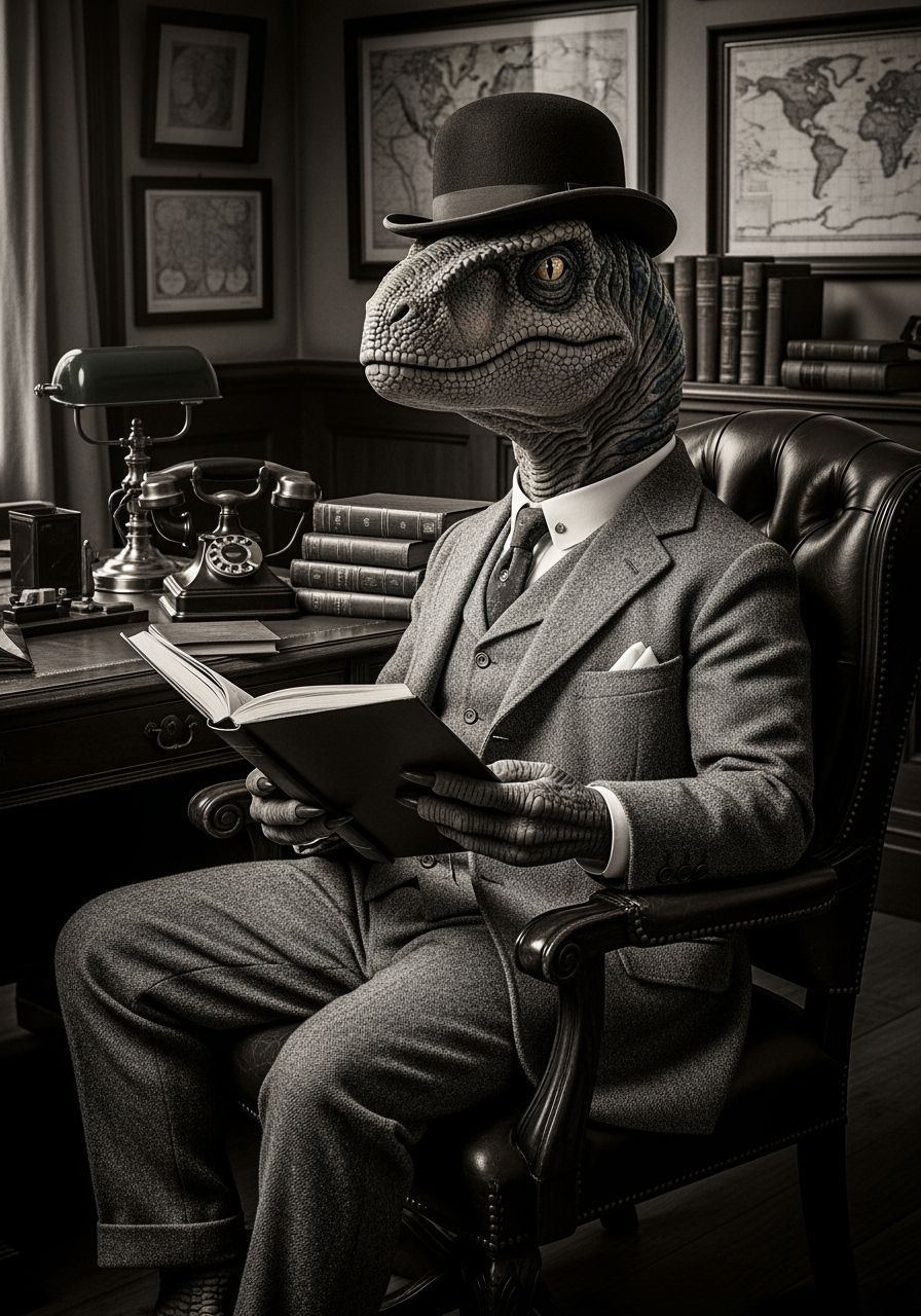 Velociraptor Gentleman: Vintage Black and White Portrait