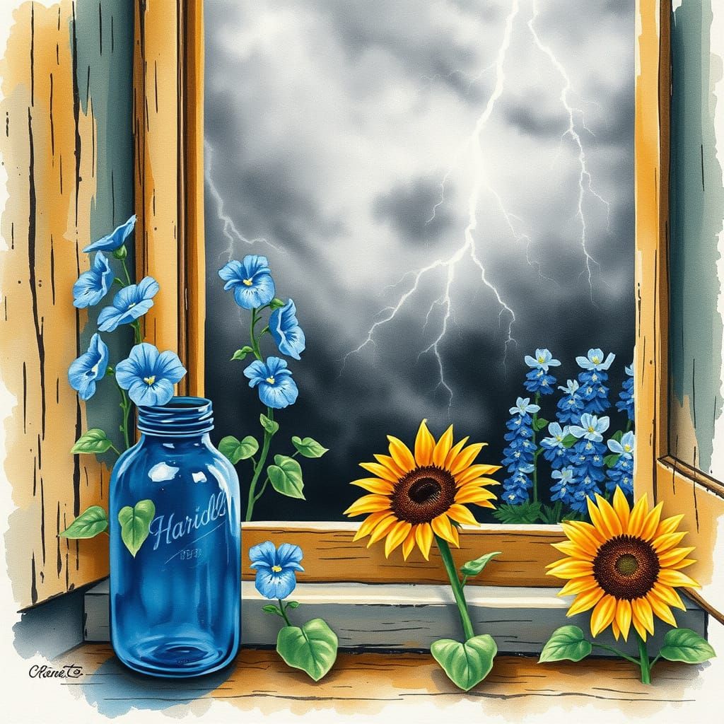 Vintage Storybook-Style Blue Jar with Morning Glories and Bl...