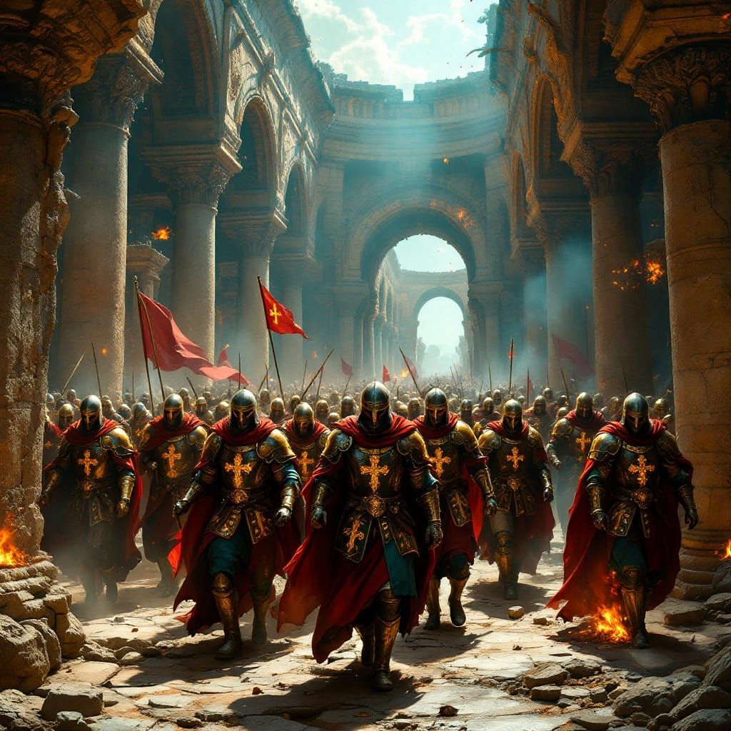 Medieval Crusaders in Gilded Plate Armor Storm Ancient Templ...