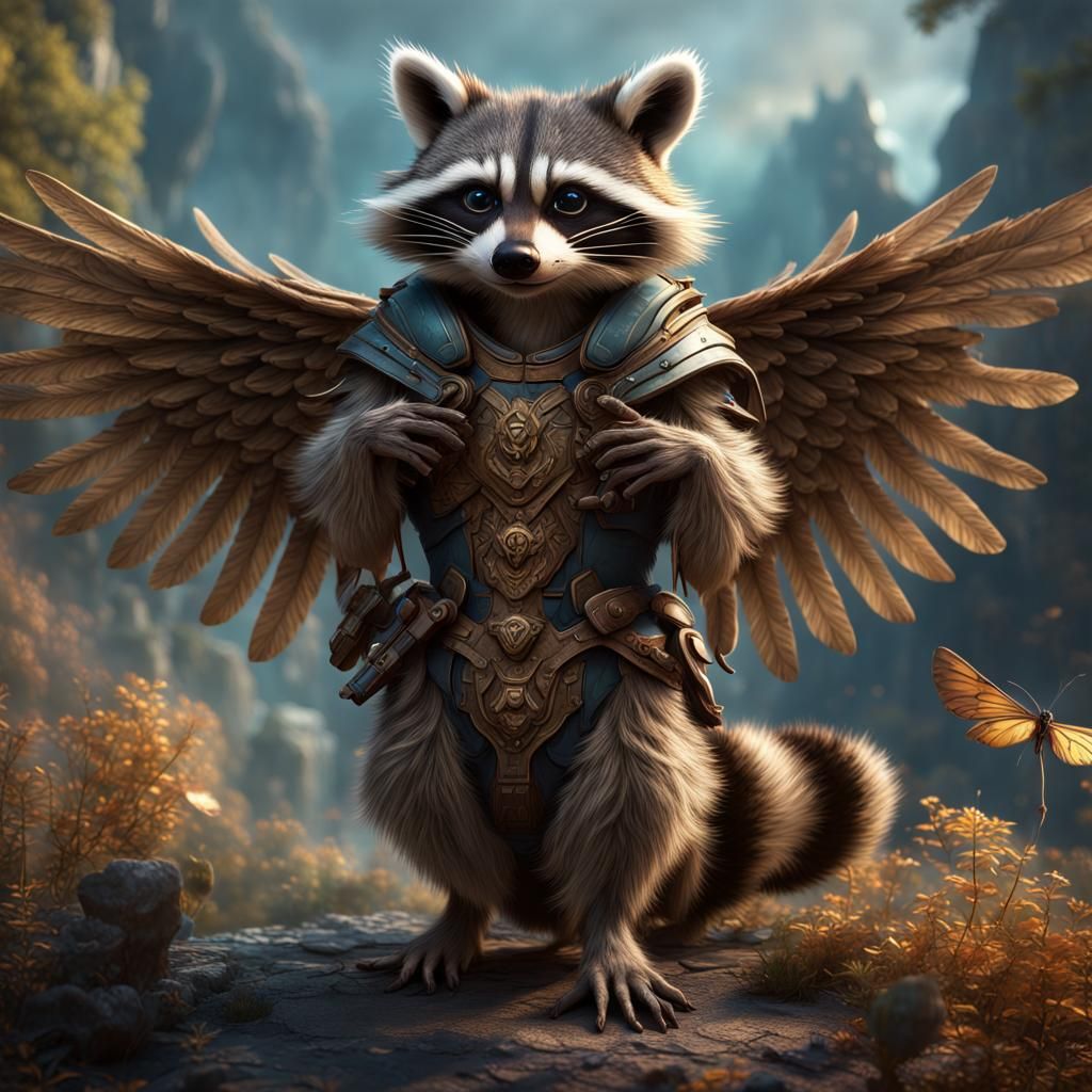 Winged Raccoon in Detailed Matte Painting