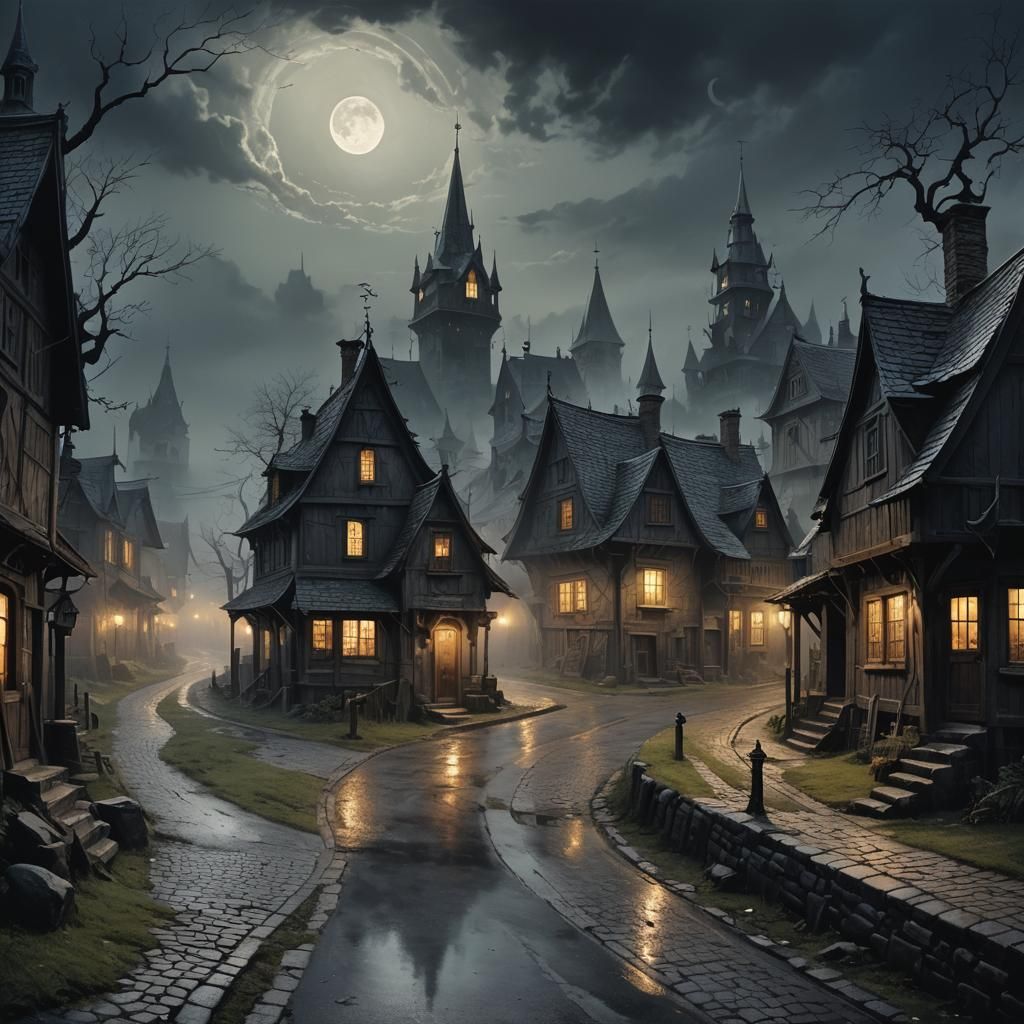 Sinister Dark Fantasy Village Street at Night
