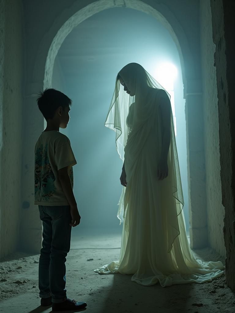 Boy Meets Ghost in Dark Surreal Chamber