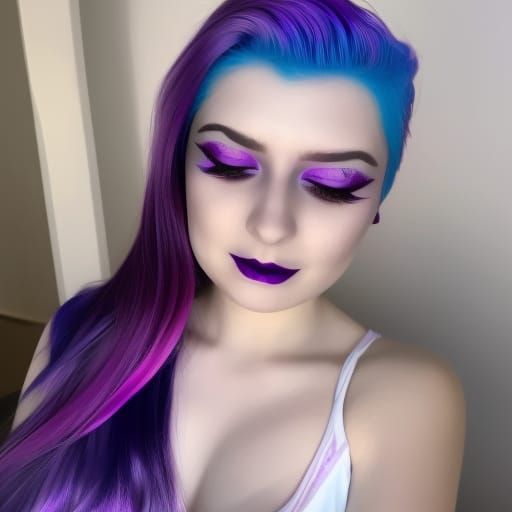 Ethereal young lady with purple Galaxy hair with blue highlights& magenta pink highlights& Emerald green highlights& gli...