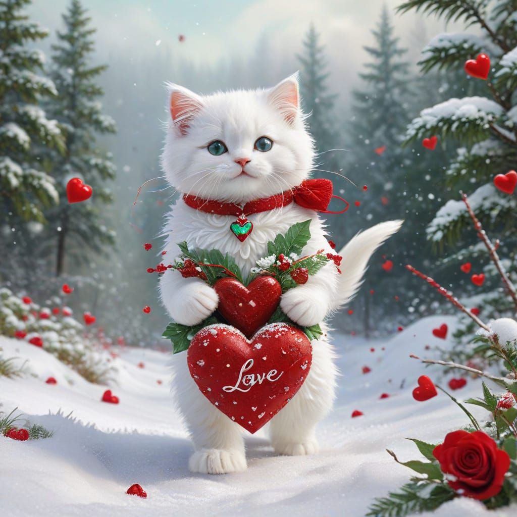 Joyful Fluffy Kitten in Red Suit Delights in Winter Wonderla...