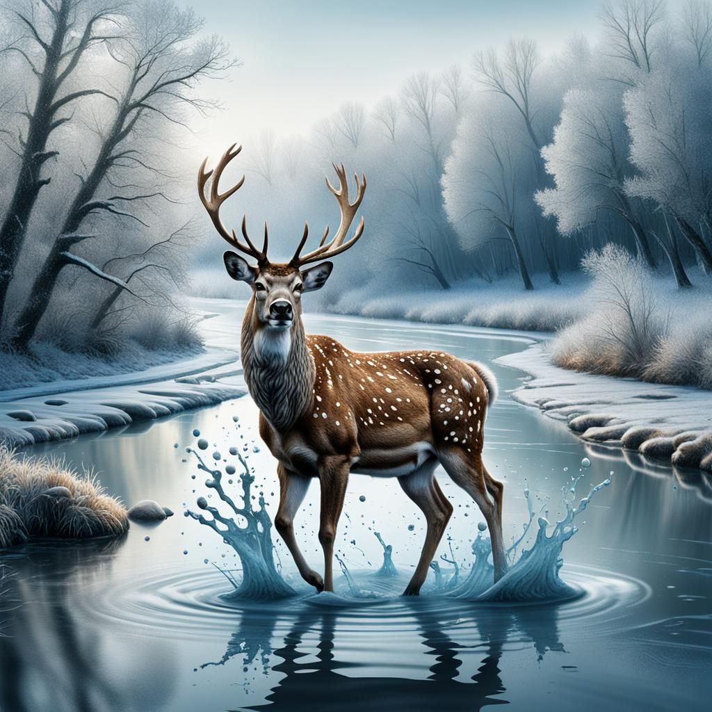 Surreal Deer Prancing in Frosty River