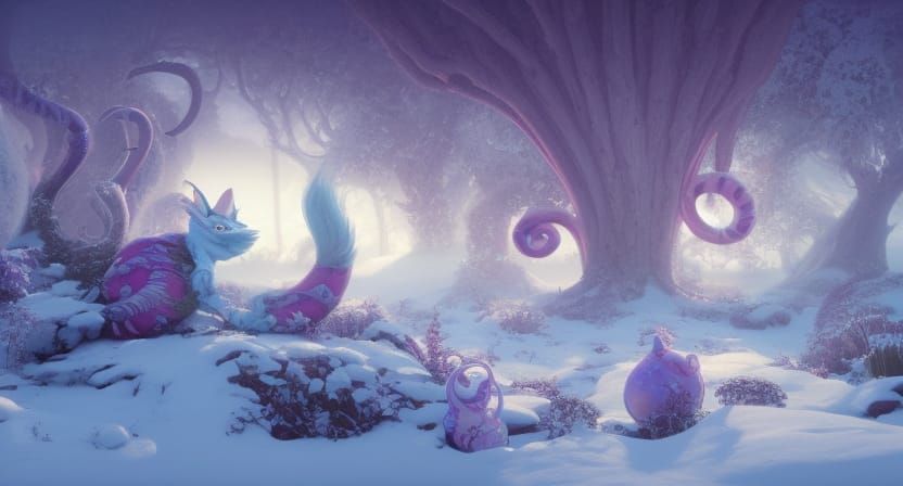 Cheshire Cat in Winter Fantasy Landscape