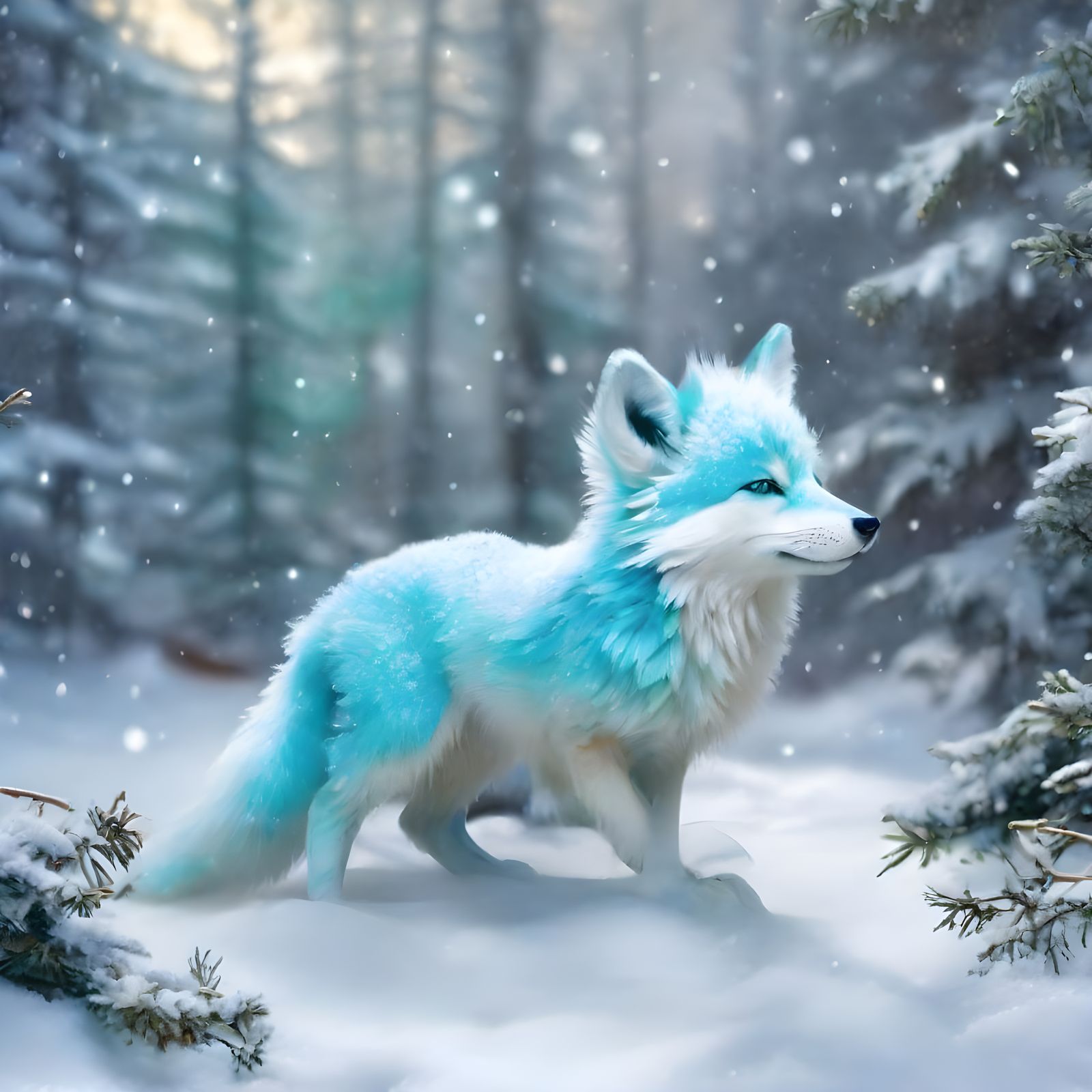 Turquoise Crystal Snow Fox Kit Plays with Swirling Snowflake...