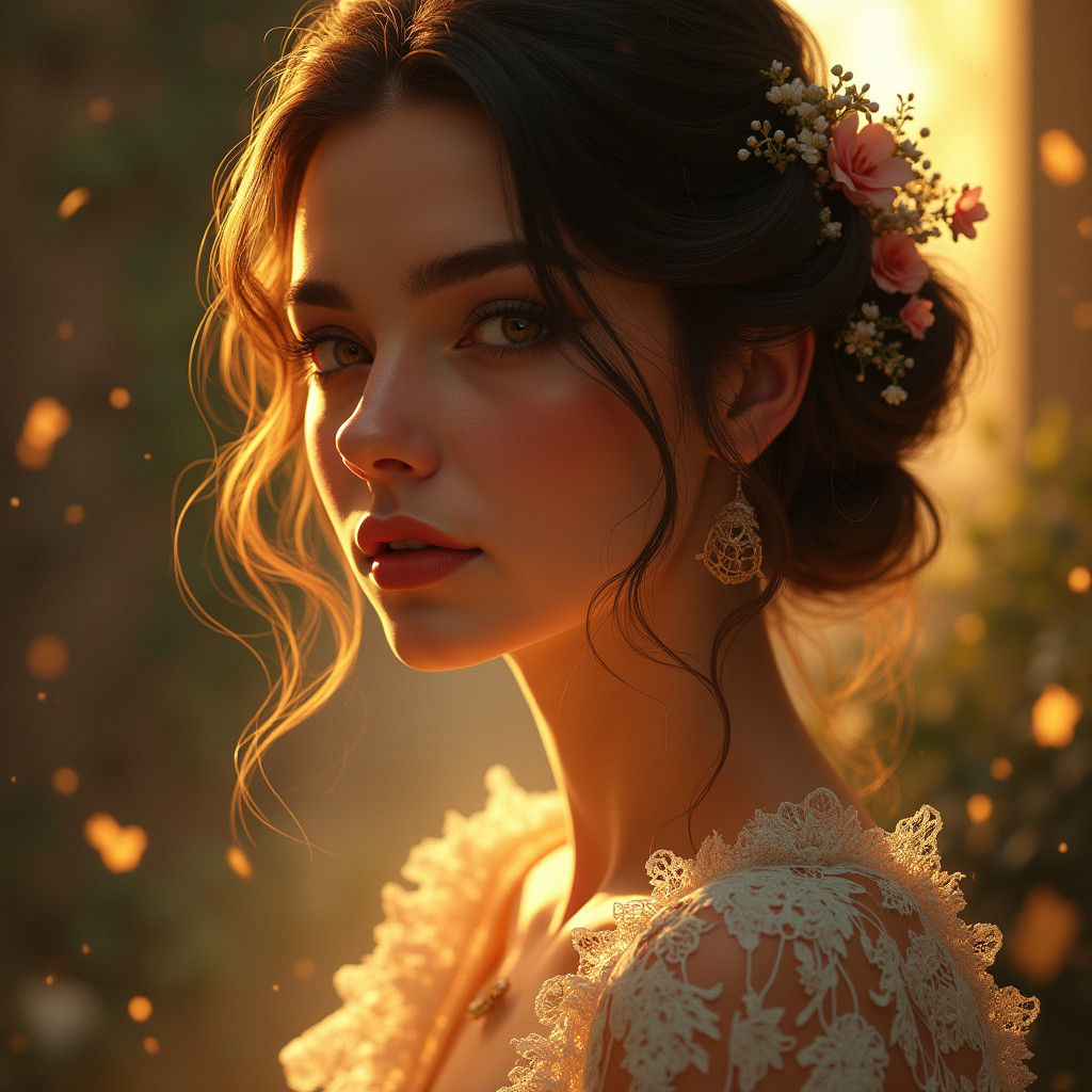 Elegant Woman Portrait with Lace in Art Nouveau Style