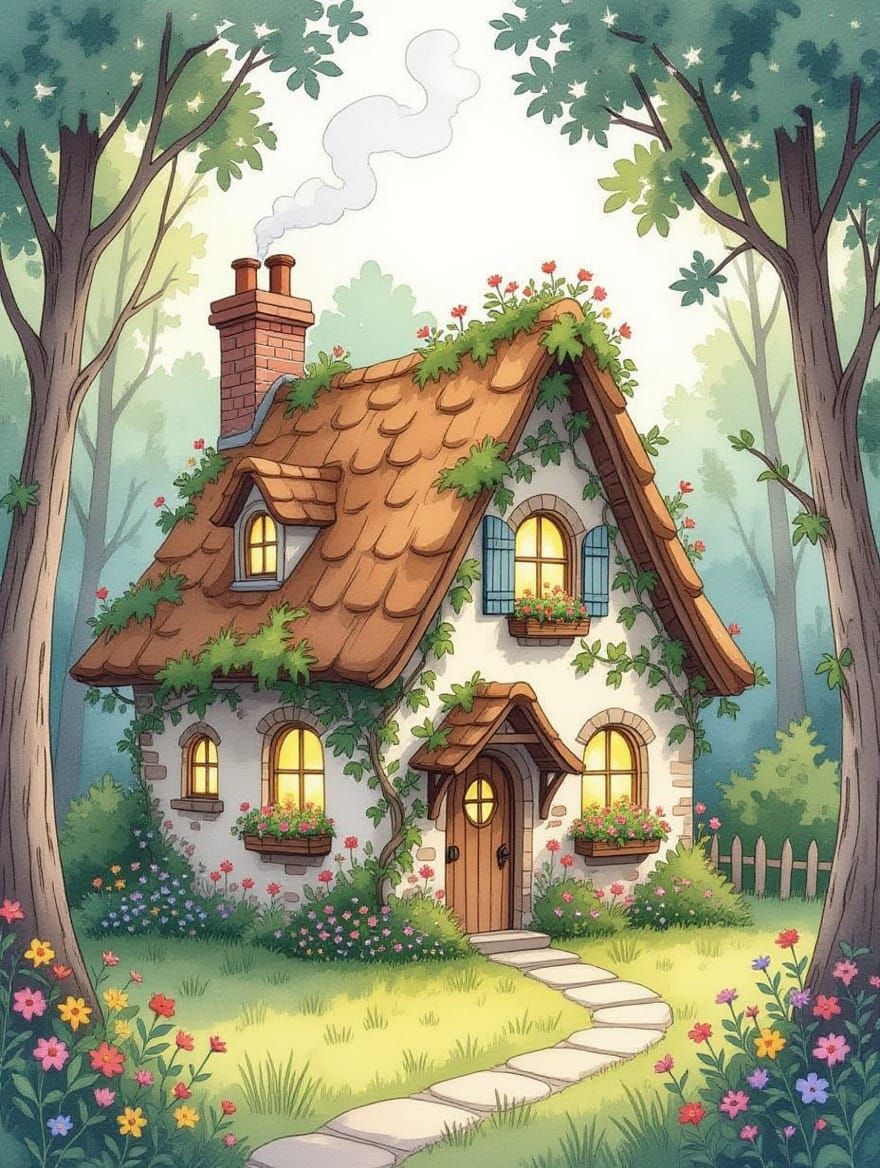 Whimsical Watercolor Cottage Scene in Enchanted Forest Style