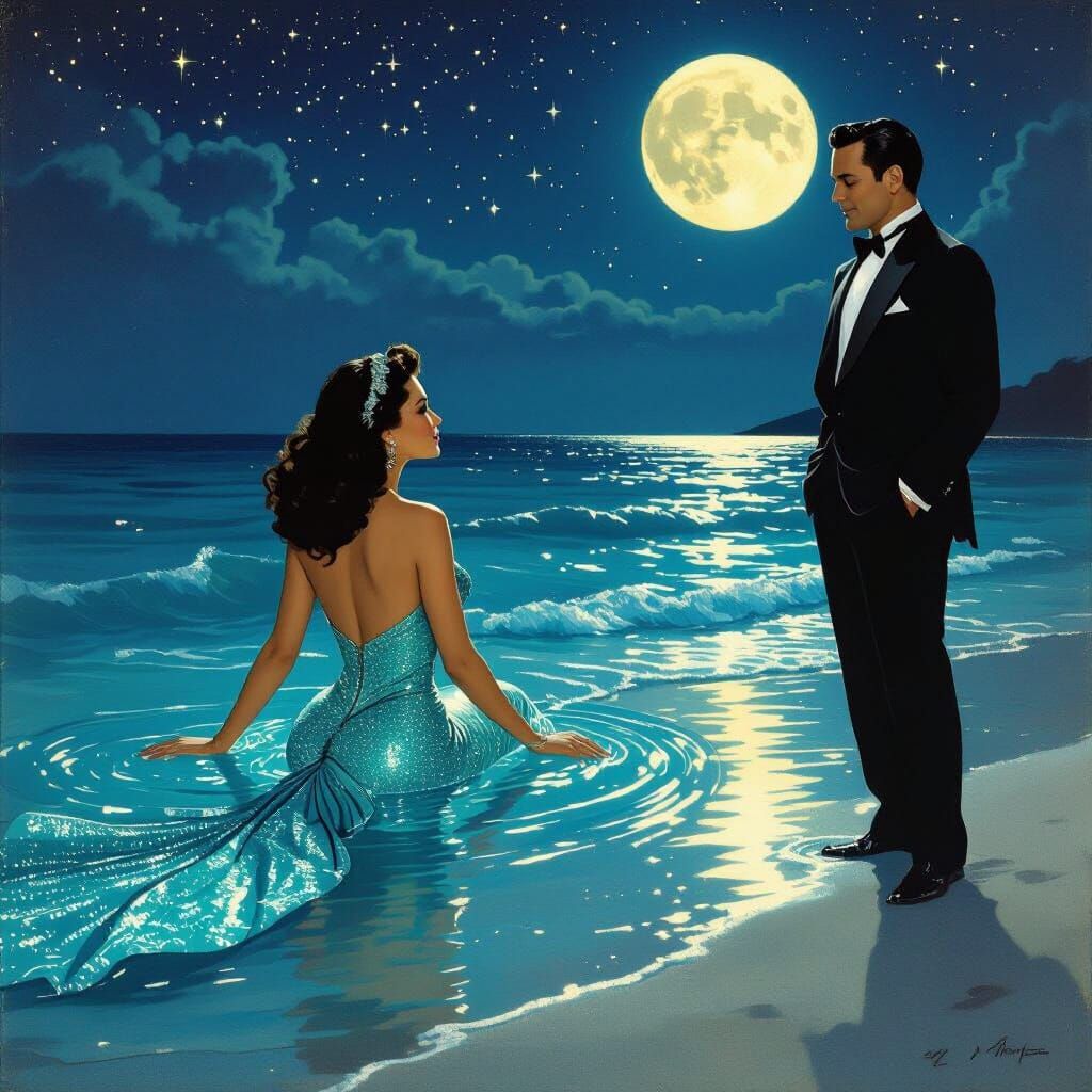 Mermaid Ava Gardner with Sinatra on Beach in Art Nouveau Sty...