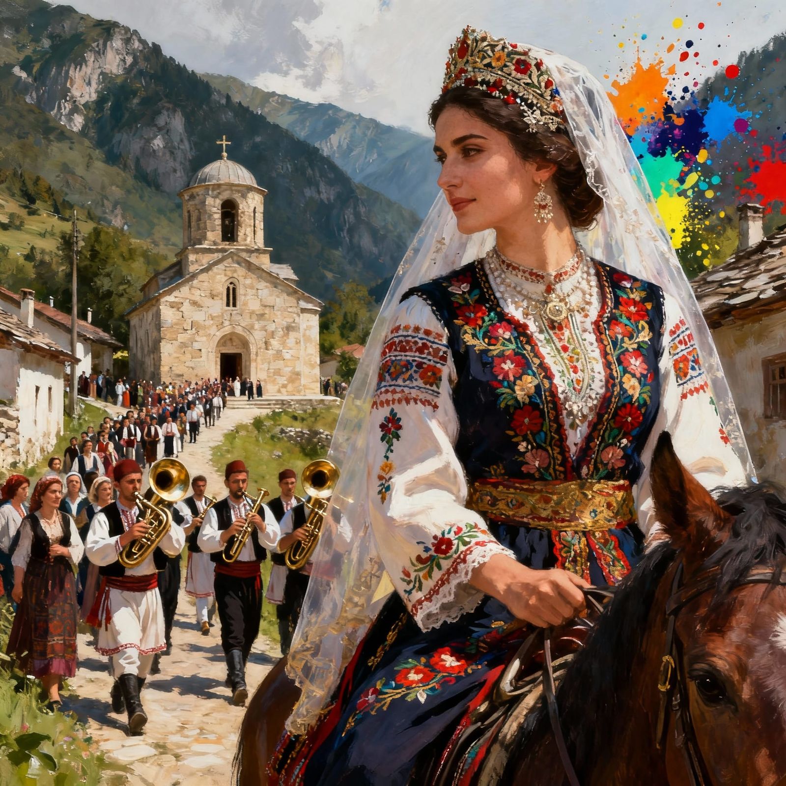 Macedonian Bride on Horseback in Festive Procession