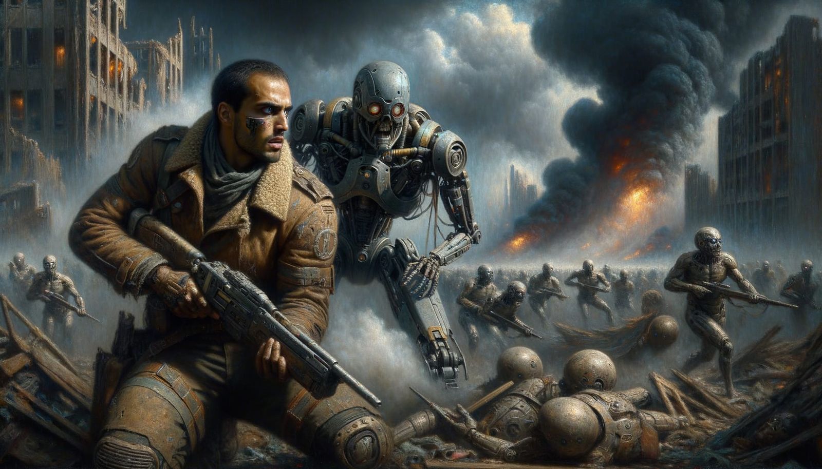 Hispanic Soldier Confronts Robots in Apocalyptic Ruins
