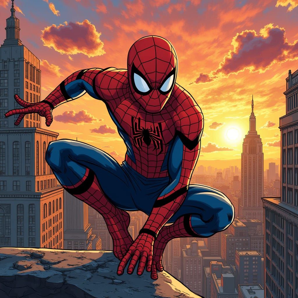 Spiderman in Dynamic Sunset Cityscape