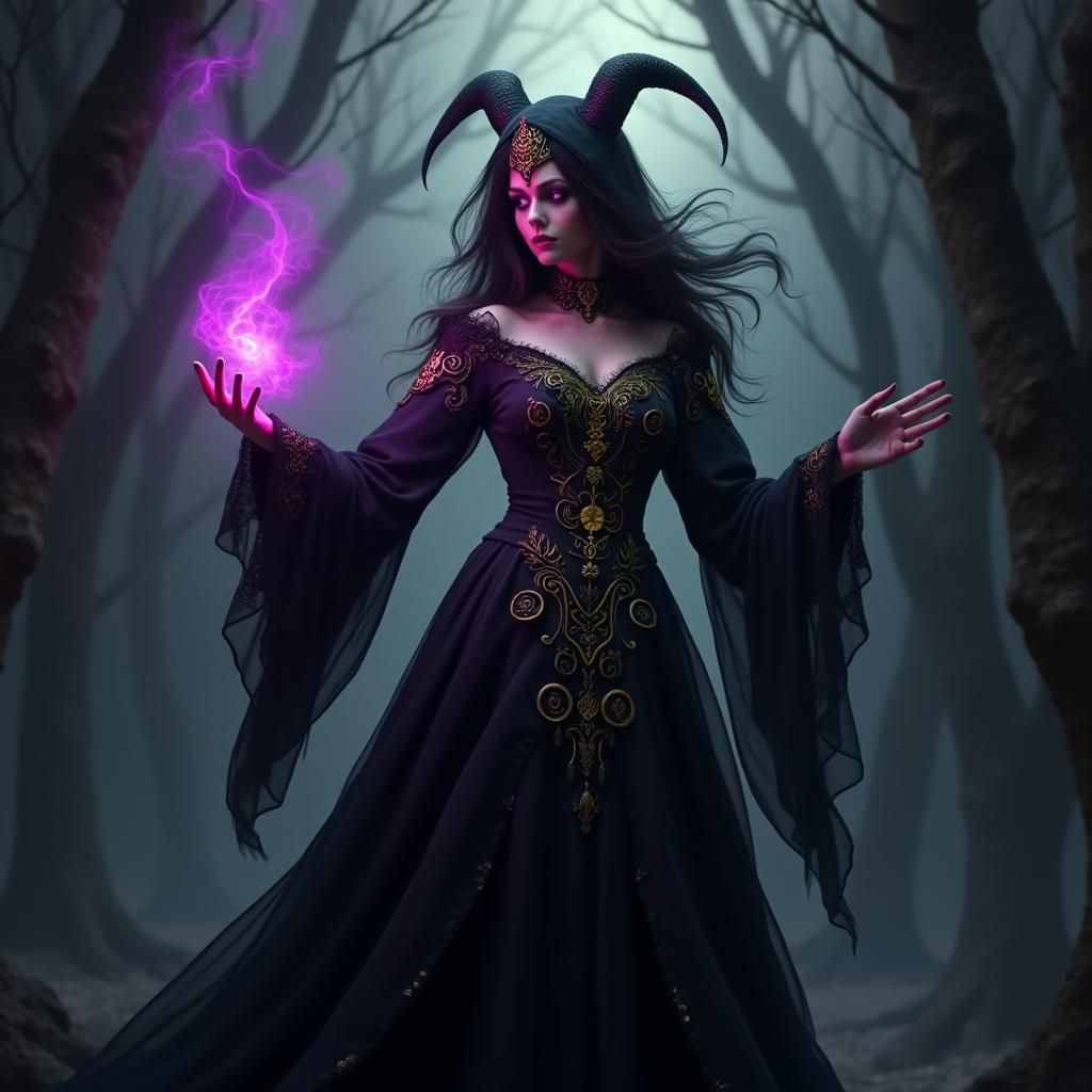 Mystical Enchantress Casting Spell in Victorian Era Attire