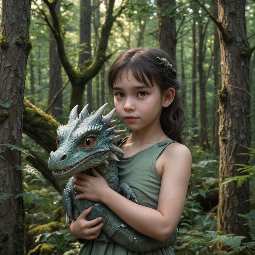 Realistic Girl with Baby Dragon in Woods