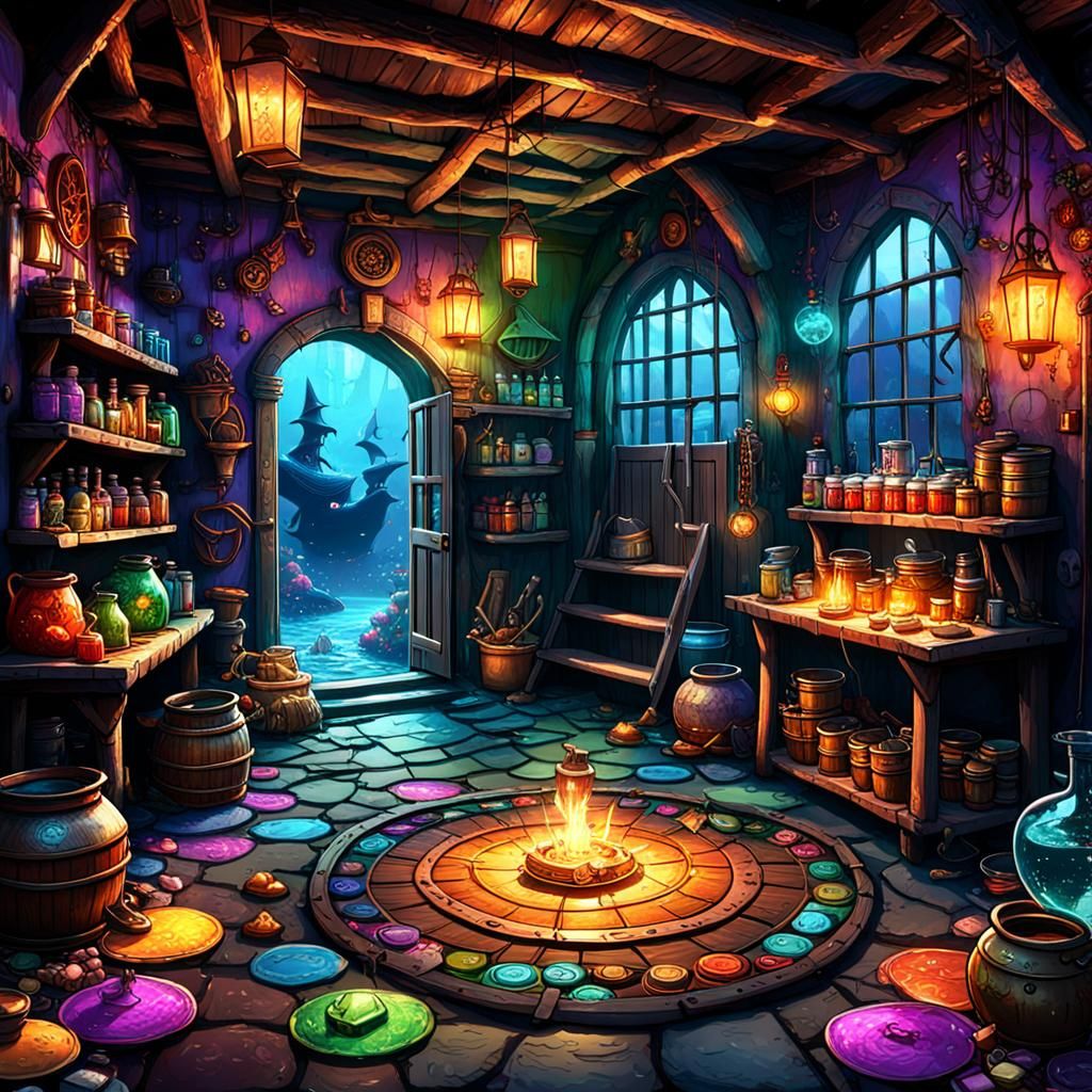 Colorful Fantasy Room with Brewing Potion, Digital Art