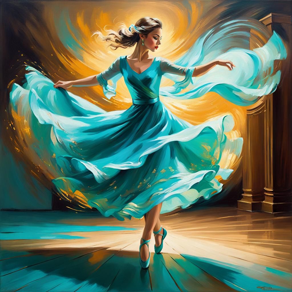 Elegant Dancer in Turquoise Dress, Post-Impressionist Style