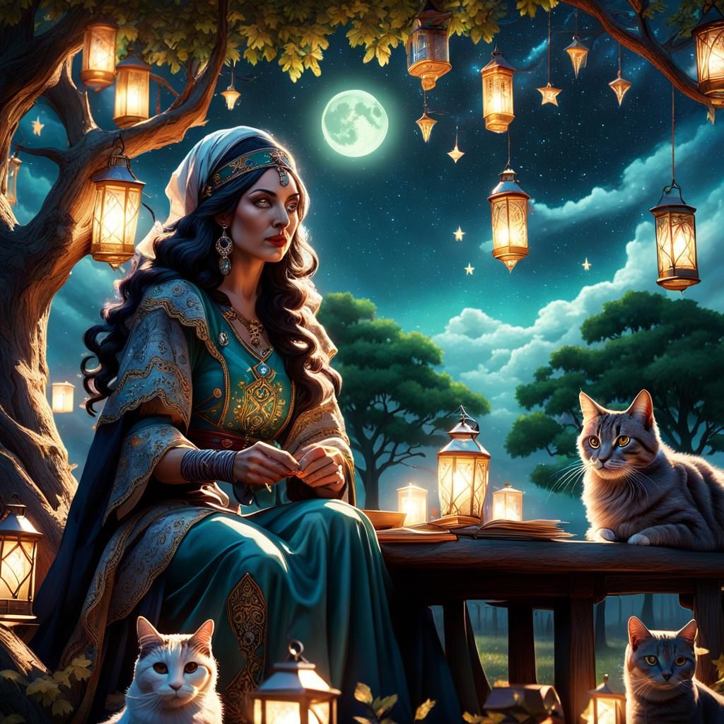 Mysterious Gypsy Tarot Reader Under Cosmic Moonlight