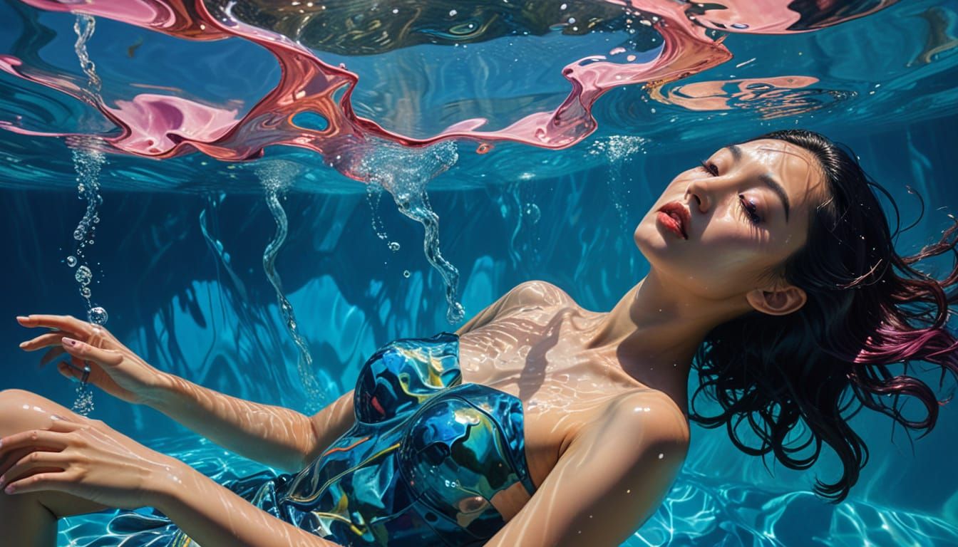 Surreal Underwater Scene with Asian Woman and Melting Clocks