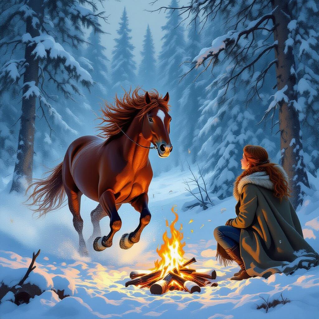 Mare Escapes Snowy Forest, Girl Watches in Alarm